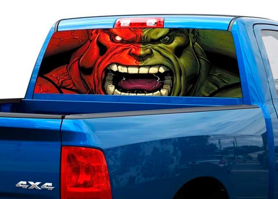 Grüner und roter Hulk Art Heckscheiben-Aufkleber, Pick-up-Truck, SUV, Auto