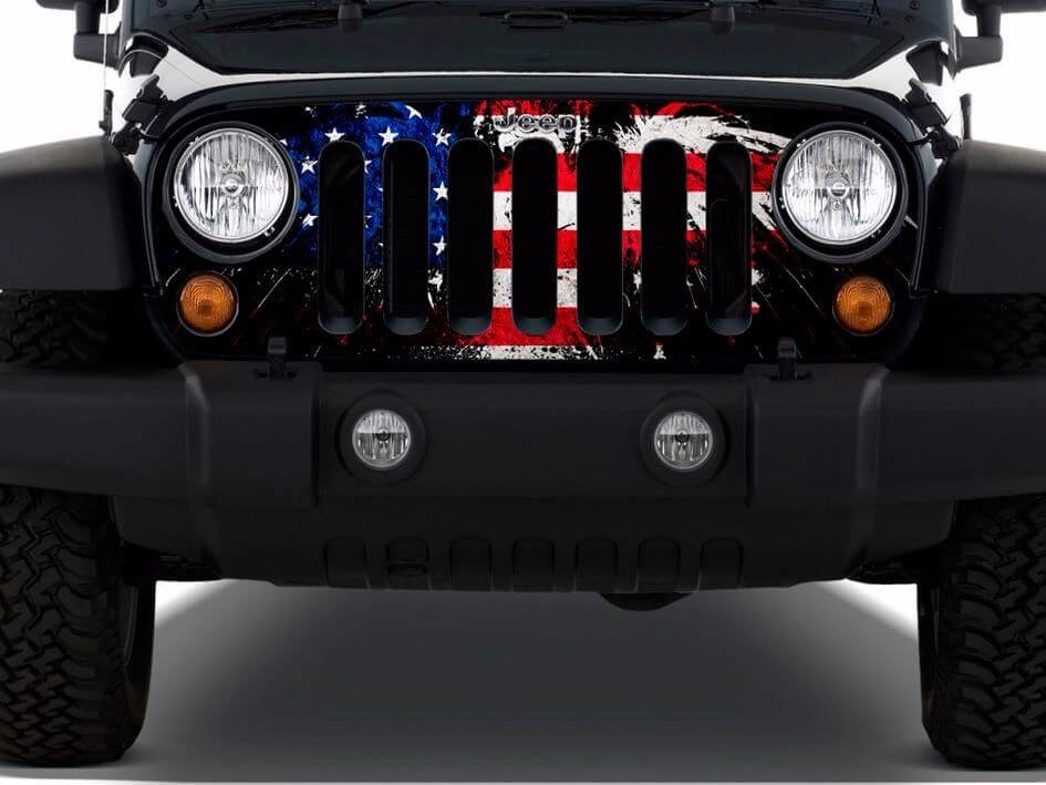 Abgegriffener Aufkleber für Kühlergrill mit amerikanischer Flagge aus Vinyl für Jeep Wrangler TJ LJ JK Unlimited