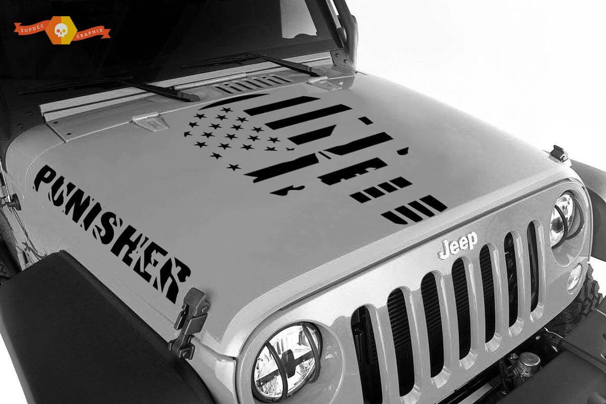 Punisher-Schädel im amerikanischen Flaggenstil Hauben-Vinylaufkleberset für Jeep Wrangler