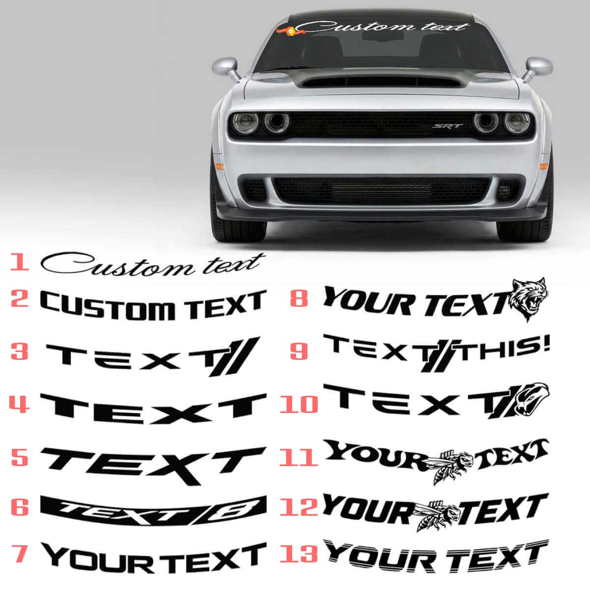 Benutzerdefinierte Schriftzug Breites Windschutzscheiben-Banner Vinylaufkleber für Dodge Challenger