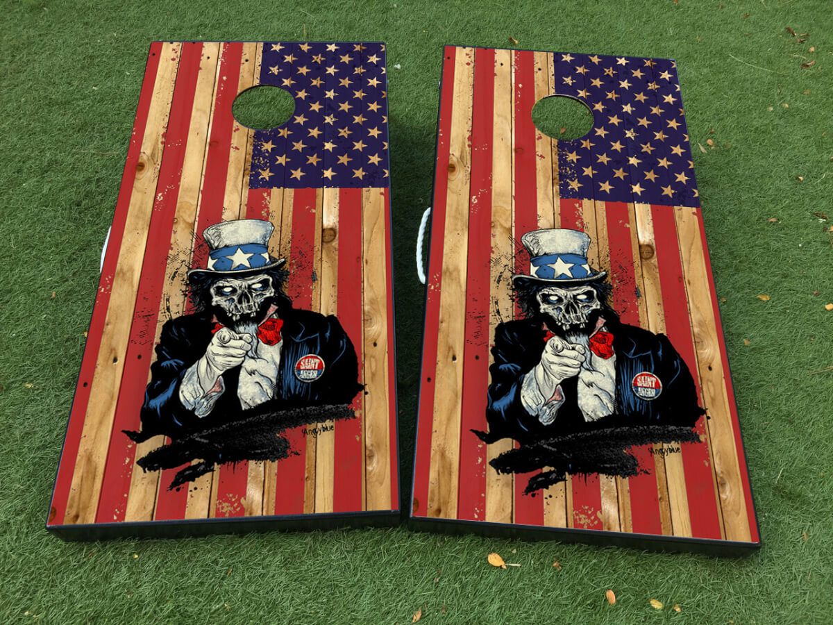 Skelett Onkel Sam Amerikanische Flagge Cornhole Brett Vinylaufkleber Set