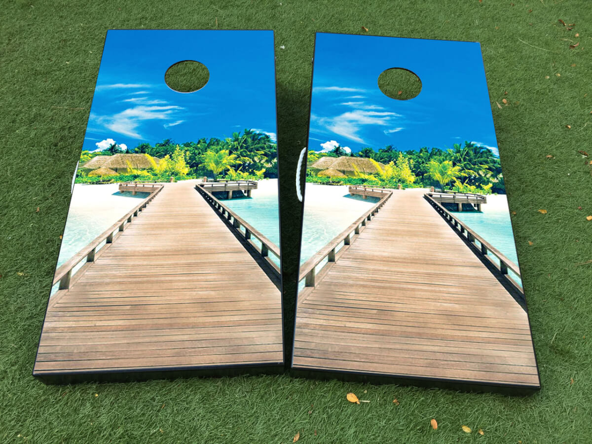 Tropisches Strand-Cornhole-Brett Vinyl-Folienaufkleber-Set