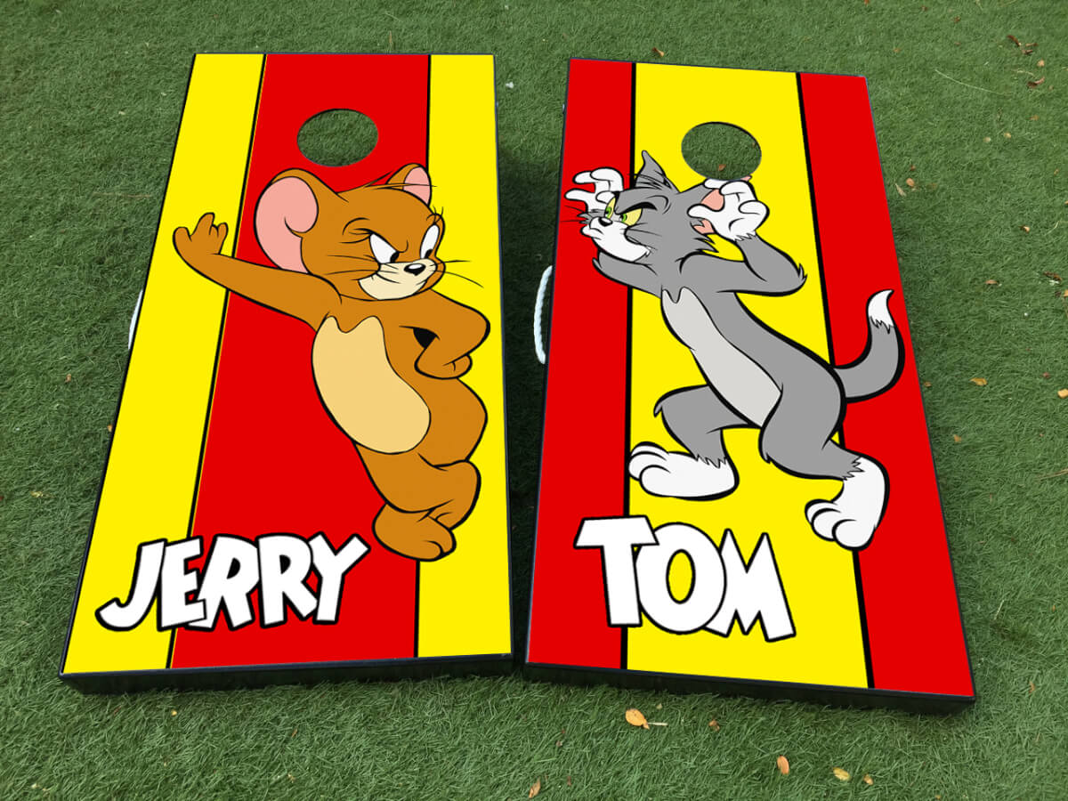 Tom und Jerry Cartoon Cornhole Brett Vinyl Wrap Aufkleber Set mit matter Laminierung