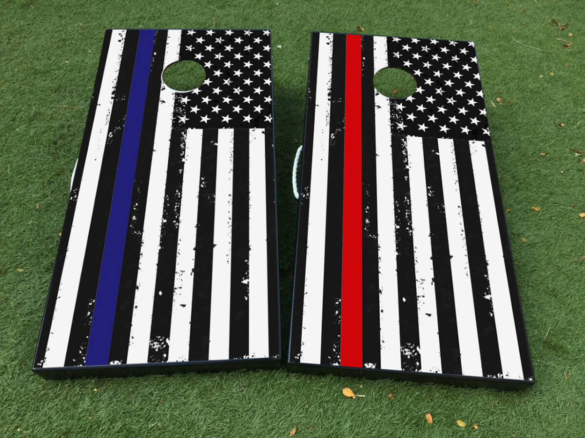 Abgenutzte amerikanische Flagge Thin Blue and Red Line Cornhole-Board-Aufkleber-Set