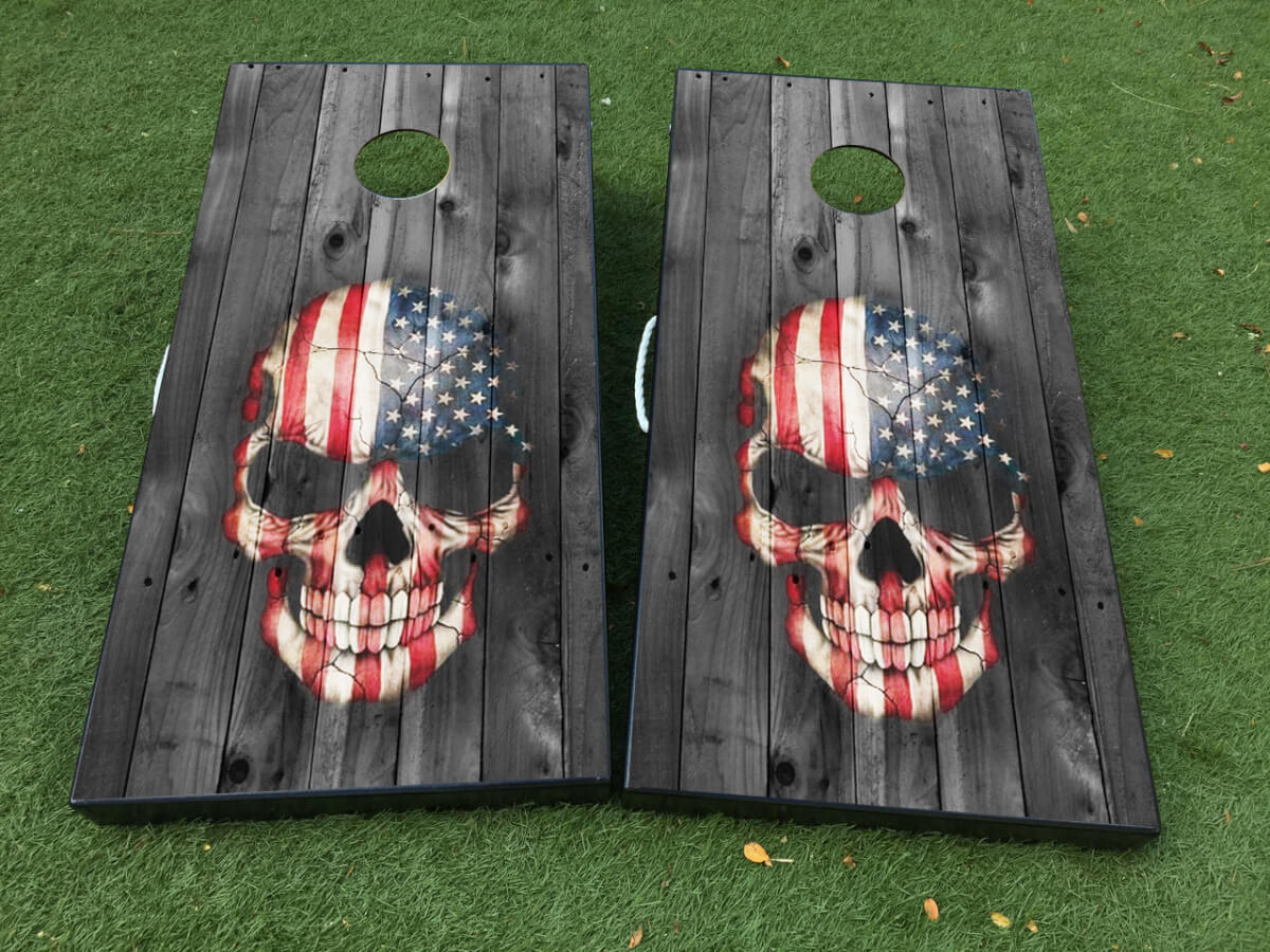Totenkopf USA Flaggen-Stil Cornhole-Brett Vinylfolie Aufkleber-Set