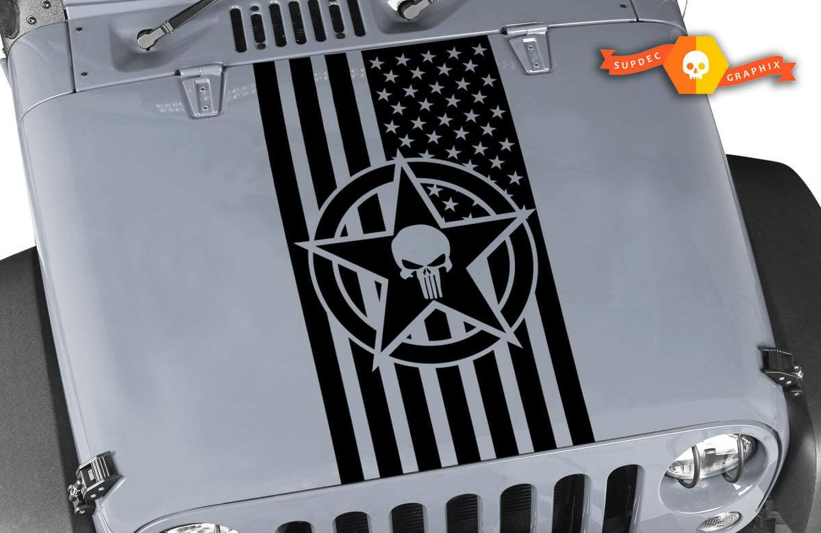 Amerikanische Flagge Stern und Totenkopf Vinyl Motorhaubenaufkleber für Wrangler