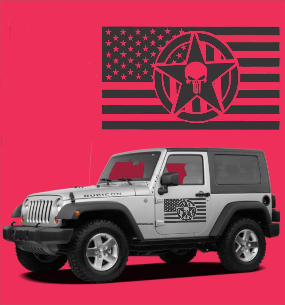 USA-Flagge Punisher Schädel Stern Tür Vinyl-Aufkleber Set für Jeep Wrangler
