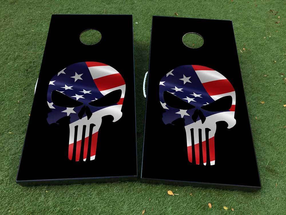 USA-Flagge Punisher-Stil Schädel Cornhole-Brett Vinyl-Aufkleber Set