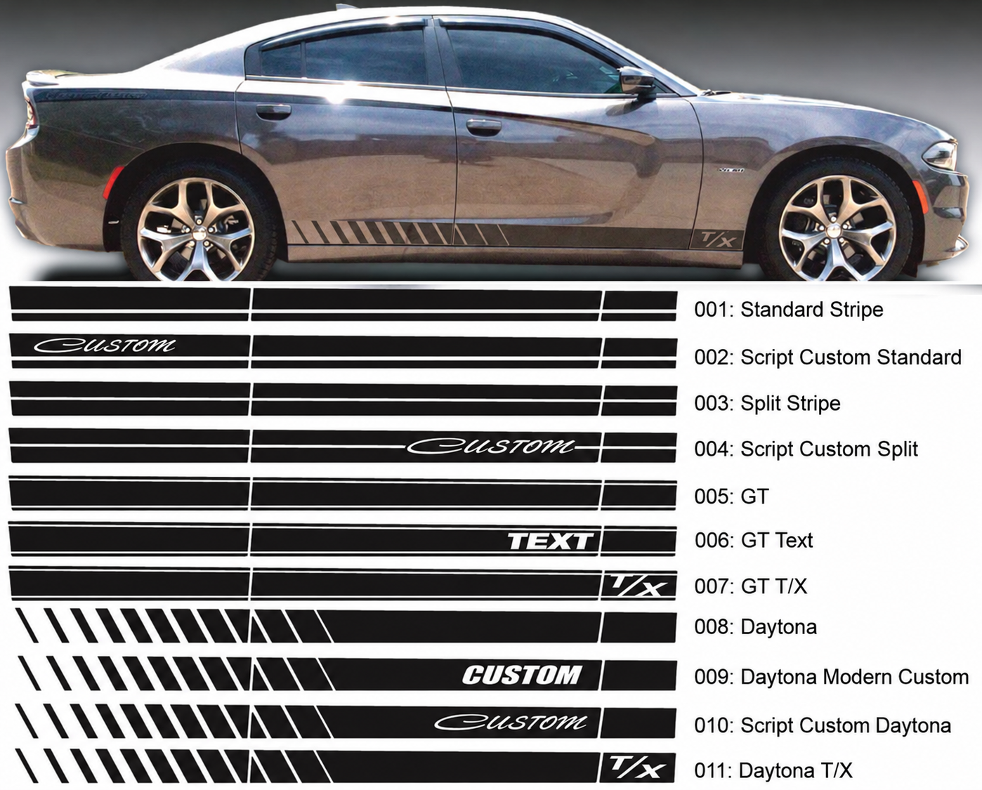 Daytona GT Style CUSTOM TEXT T/X Script Stripe Set — Vinylaufkleber (Seite, Schweller) für Dodge Charger 2006-2020