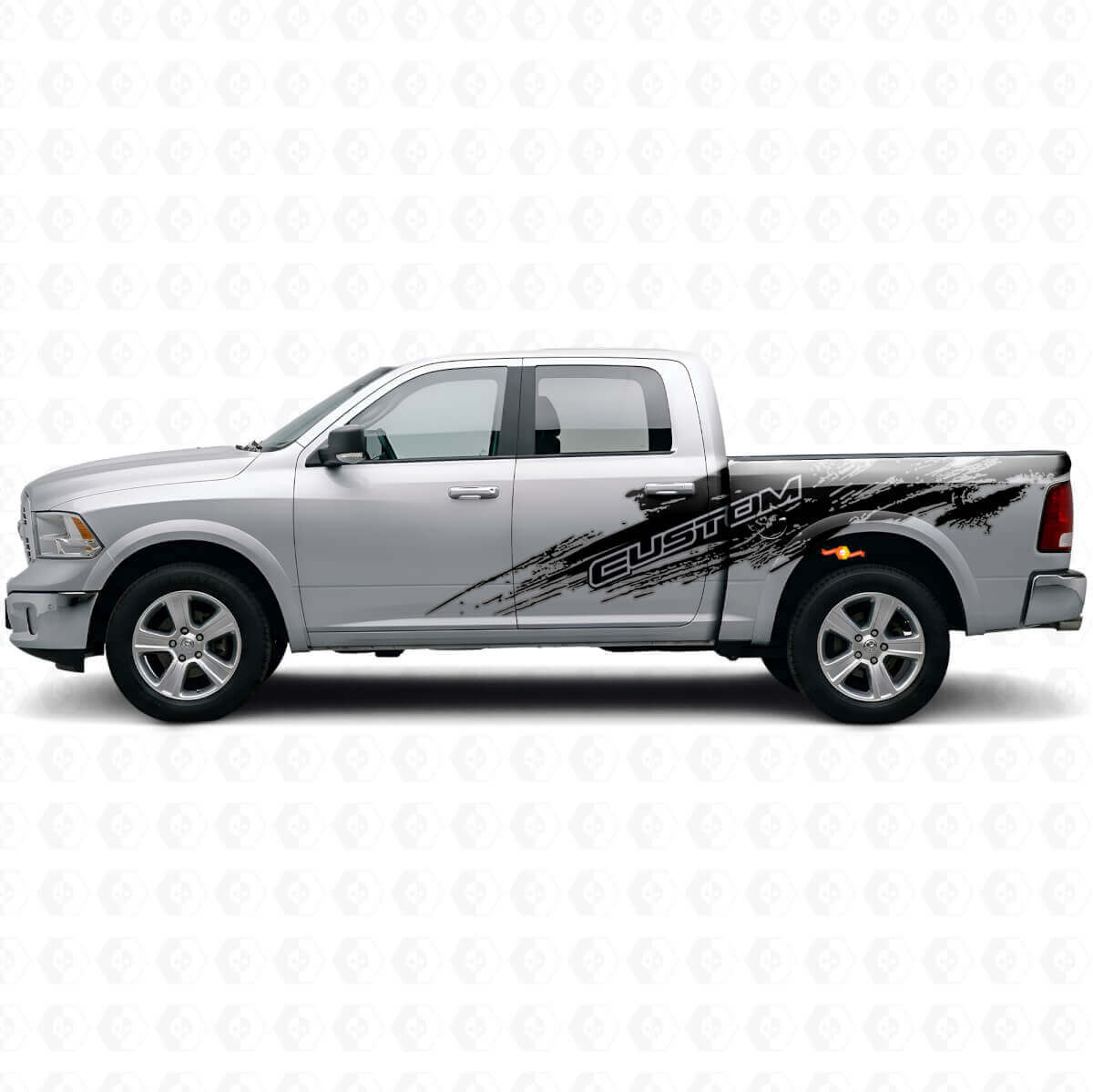 Seitliches Vinyl-Aufkleber-Set in Schlamm-Spritz-Design mit individuellem Schriftzug für Dodge Ram