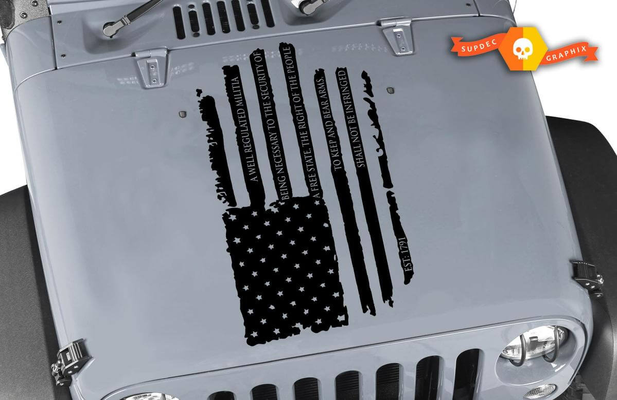 Second Amendment Used-Look amerikanische Flagge Motorhauben-Vinylaufkleber für Jeep Wrangler