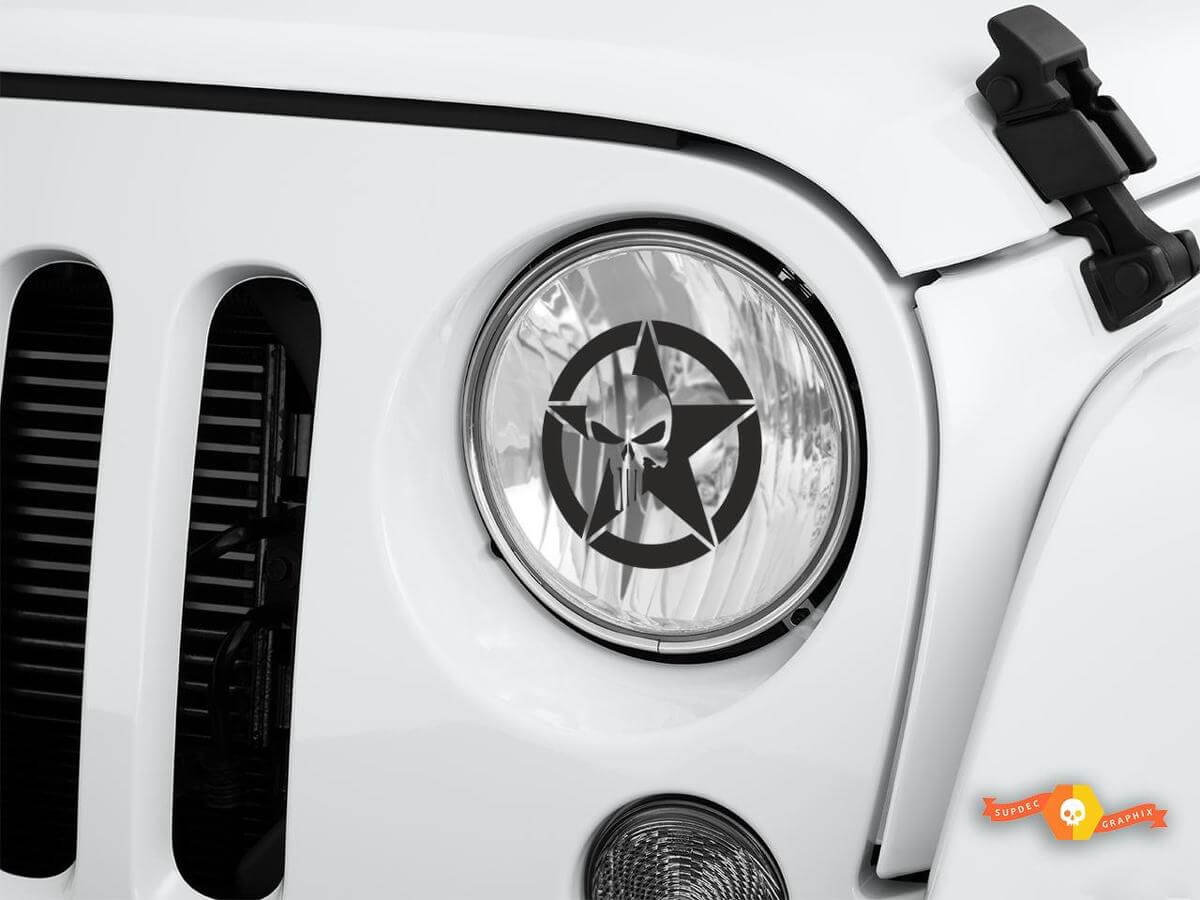 Military Star Totenschädel Scheinwerfer Ätzglas Stil Vinyl Aufkleber Set für Jeep Wrangler
