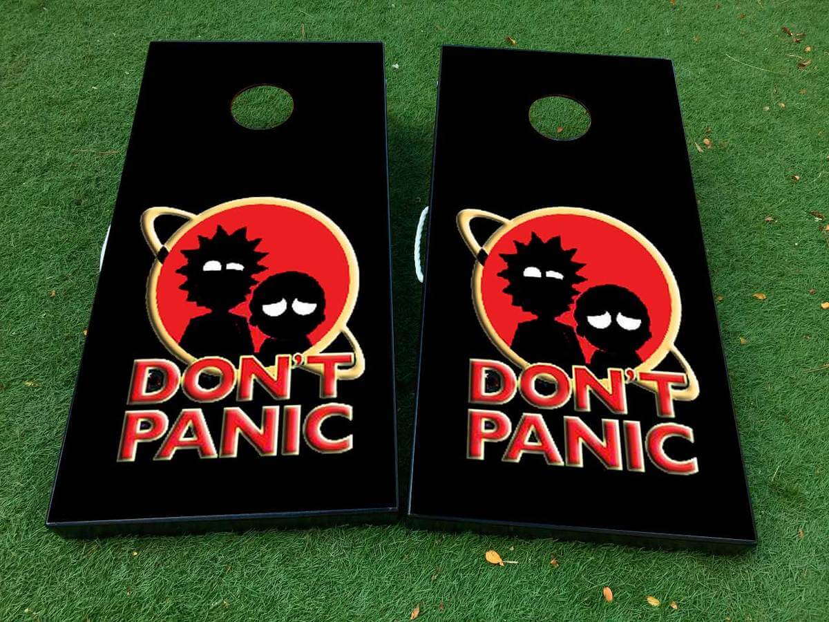 Don't Panic Rick and Morty inspirierte Cornhole-Brett Vinyl-Folienaufkleber-Set