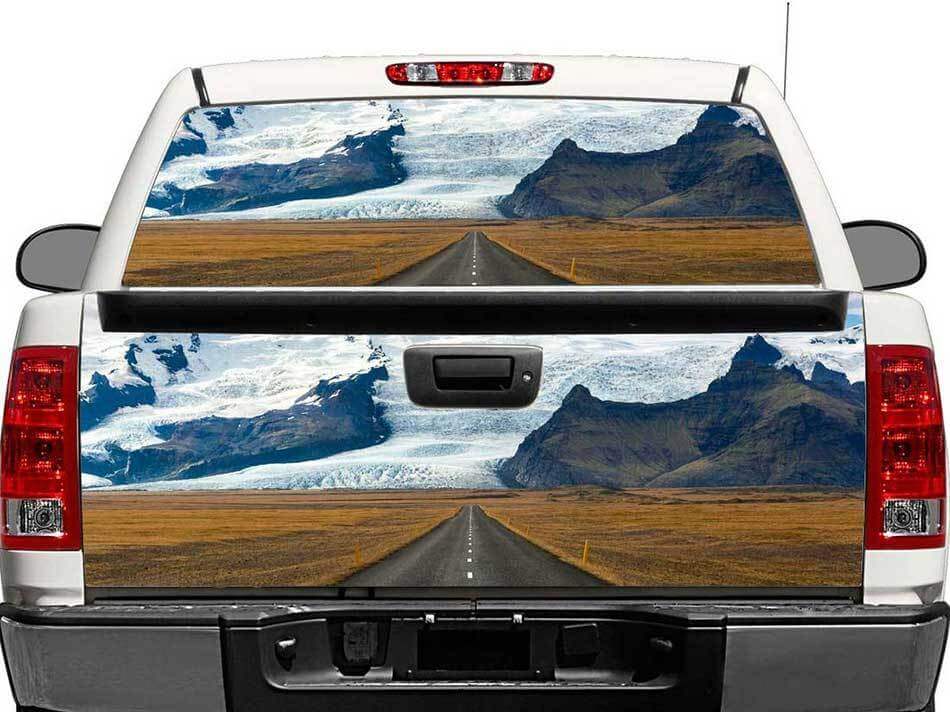 Road To The Mountains Heckscheiben- oder Heckklappen-Vinylaufkleber für Pick-up-Trucks und SUVs