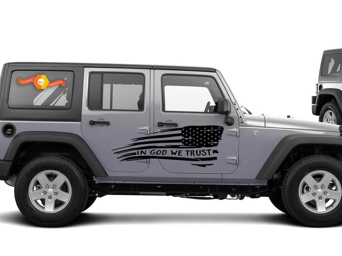 In God We Trust Used Look USA-Flaggen-Seitenaufkleber-Kit für Jeep Wrangler JKU