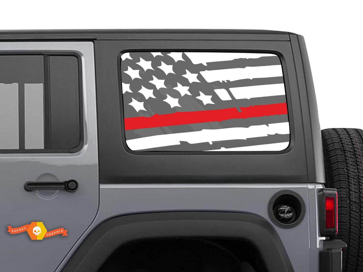 Distressed Thin Red Line Flag Seitlicher Vinyl-Aufkleber Jeep FireFighter Fire
