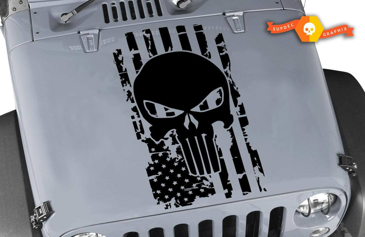 Used USA-Flagge Punisher Schädel Kapuzen Vinyl-Aufkleber für Jeep Wrangler