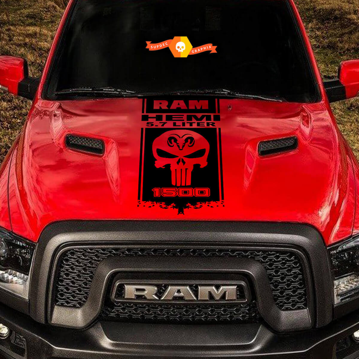 5.7L HEMI Style Punisher Schädel Motorhauben Vinyl Aufkleber für Dodge Ram 1500-3500