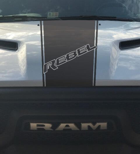 Rebel 5,7L Motorhauben-Rennstreifen Vinyl-Aufkleber 2 für Dodge Ram (Werksstil)