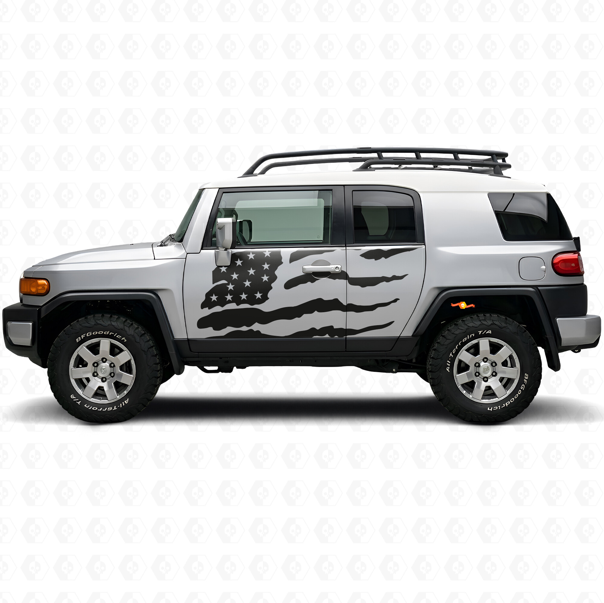 Abgenutzter amerikanischer Flaggen-Vinylaufkleber für die Seitentür des Toyota FJ Cruiser