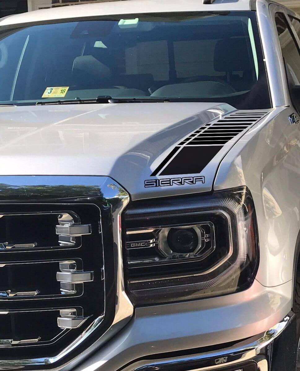 2 LKW-Vinyl-Aufkleber Racing-Aufkleber Stripes GMC Sierra Motorhaube Fabrikstil graphix