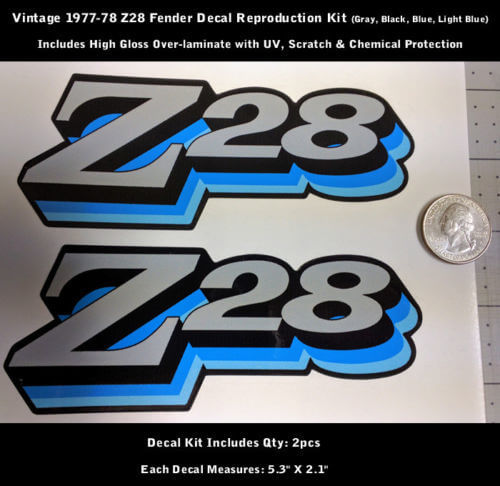 Z28 Camaro Aufkleber-Aufkleber-Set, 2 Stück, Fender 1977 1978 Vintage Blues, 5,3