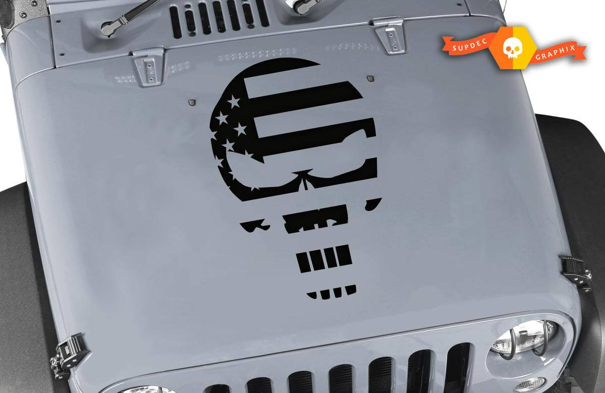 Punisher-Schädel Amerikanische Flagge Vinyl Motorhaubenaufkleber für Jeep Wrangler