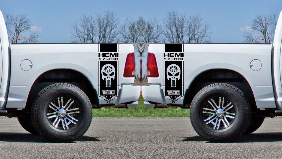 2x Dodge Hemi 5,7 Liter Ram 1500 Bettseiten-Vinyl-Aufkleber Grafiken Rallye-Streifen
