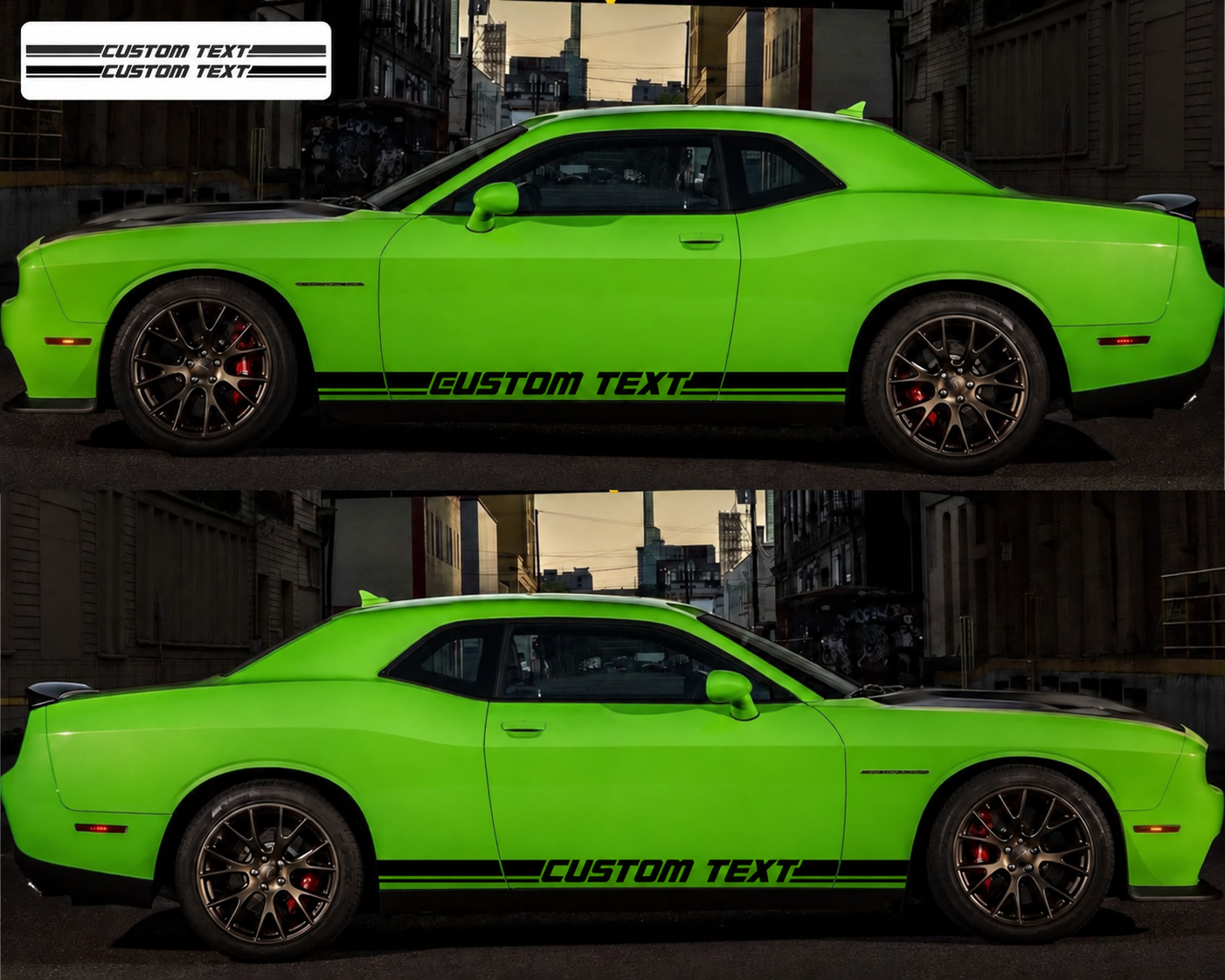 CUSTOM TEXT Outline Twin Rocker Stripe Pair Seitenschweller Vinylaufkleber für Dodge Challenger 2009-2018