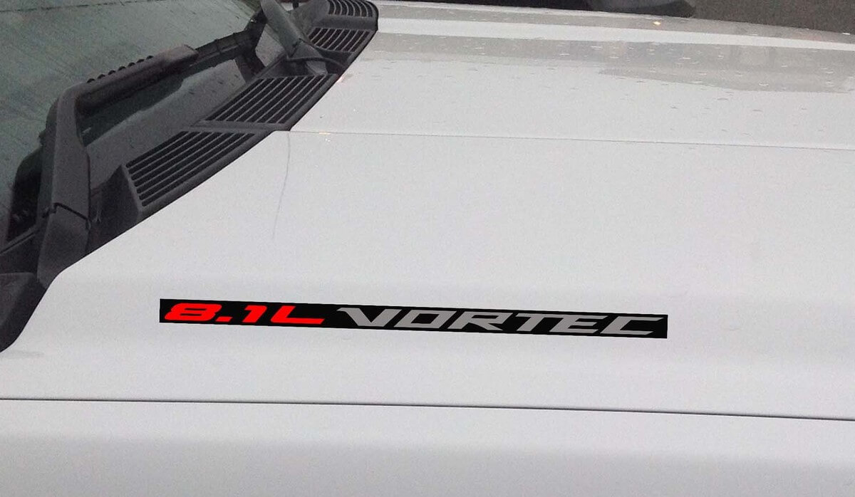 8,1L Vortec Hood Vinyl-Aufkleber: Chevrolet Silverado GMC Sierra (Block) Schwarzer Hintergrund
