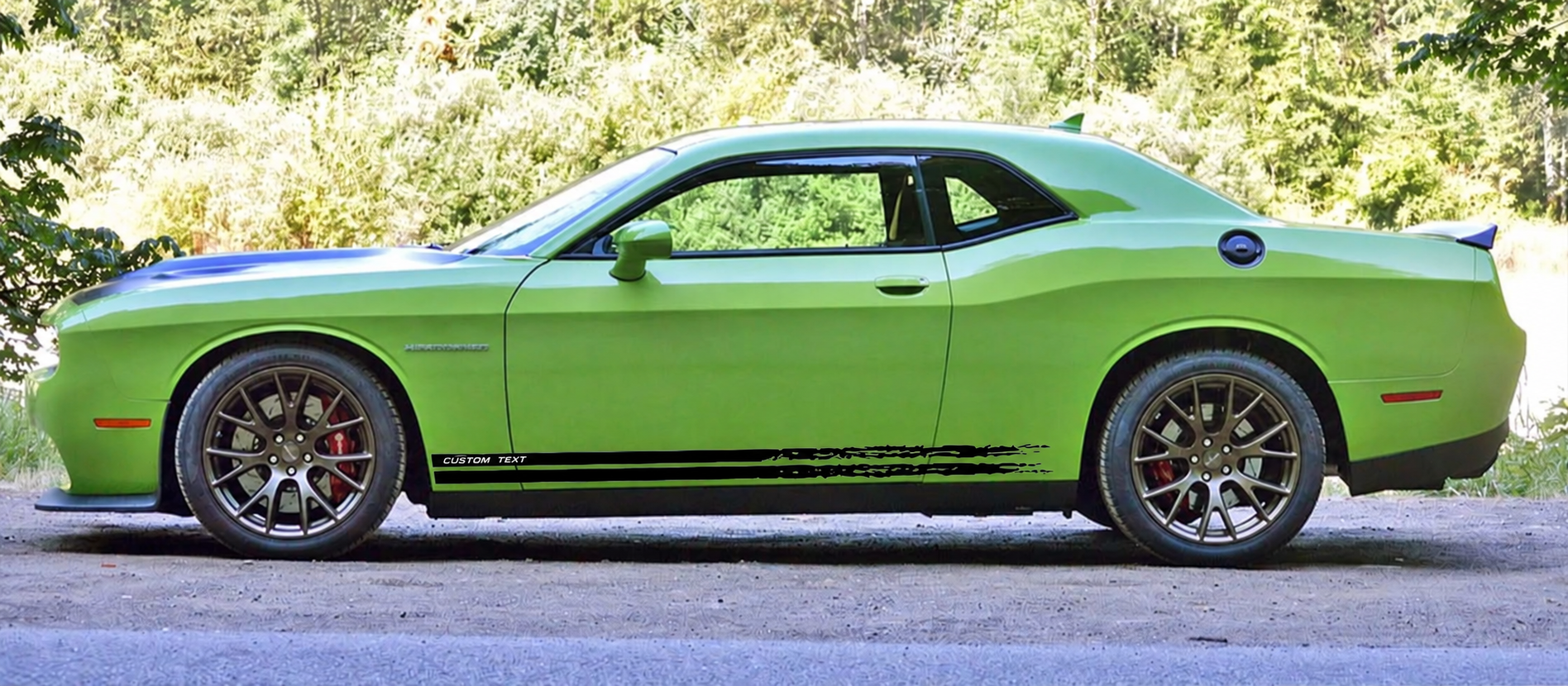 CUSTOM TEXT Dual Torn Rocker Stripes Seitenschweller Vinylaufkleber für Dodge Challenger