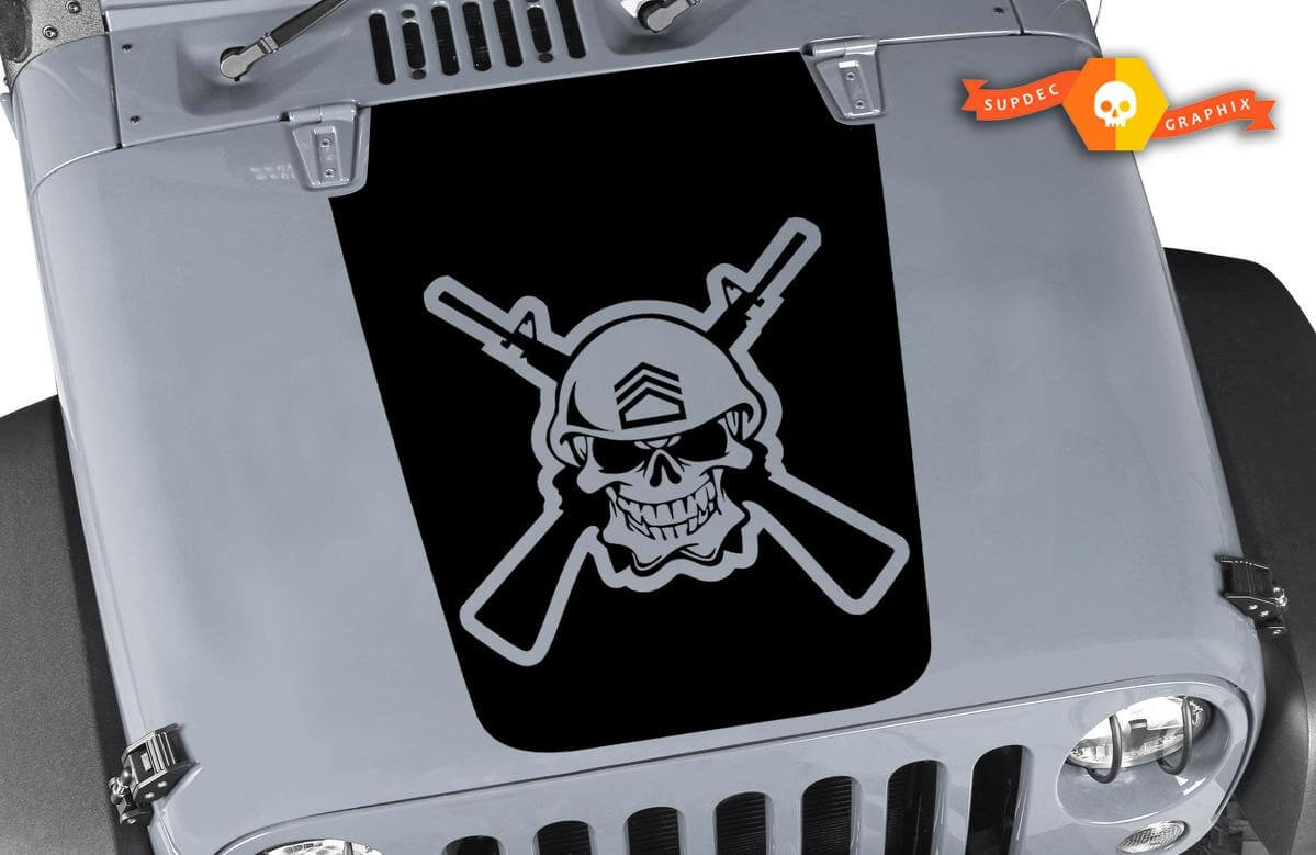 Schädel mit gekreuzten Gewehren Kapuzen-Vinyl-Aufkleber für Jeep Wrangler 2007-2016