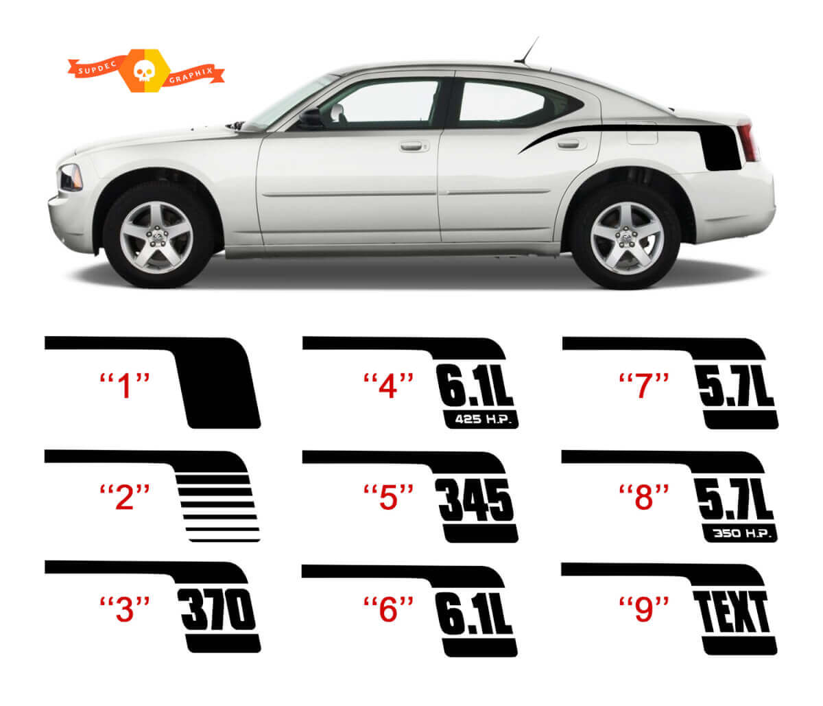 Vinyl-Aufkleber-Kit im Hockeyschläger-Stil für die Kotflügelverkleidung des Dodge Charger 2006-10