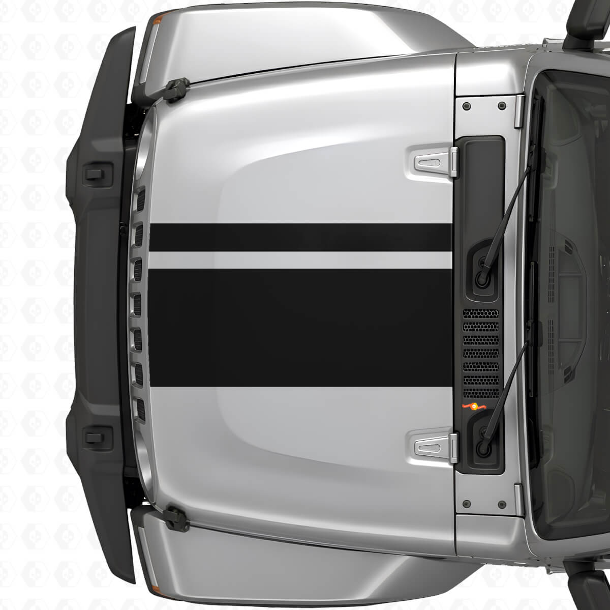 Vinyl-Aufkleber mit zwei verschiedenen Breiten für die Haubenstreifen des Jeep Wrangler 2007+