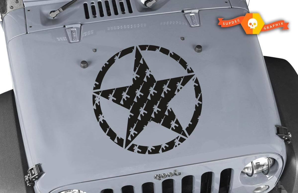 Army Star mit Waffen-Silhouetten Kapuzen-Vinyl-Aufkleber für Jeep Wrangler