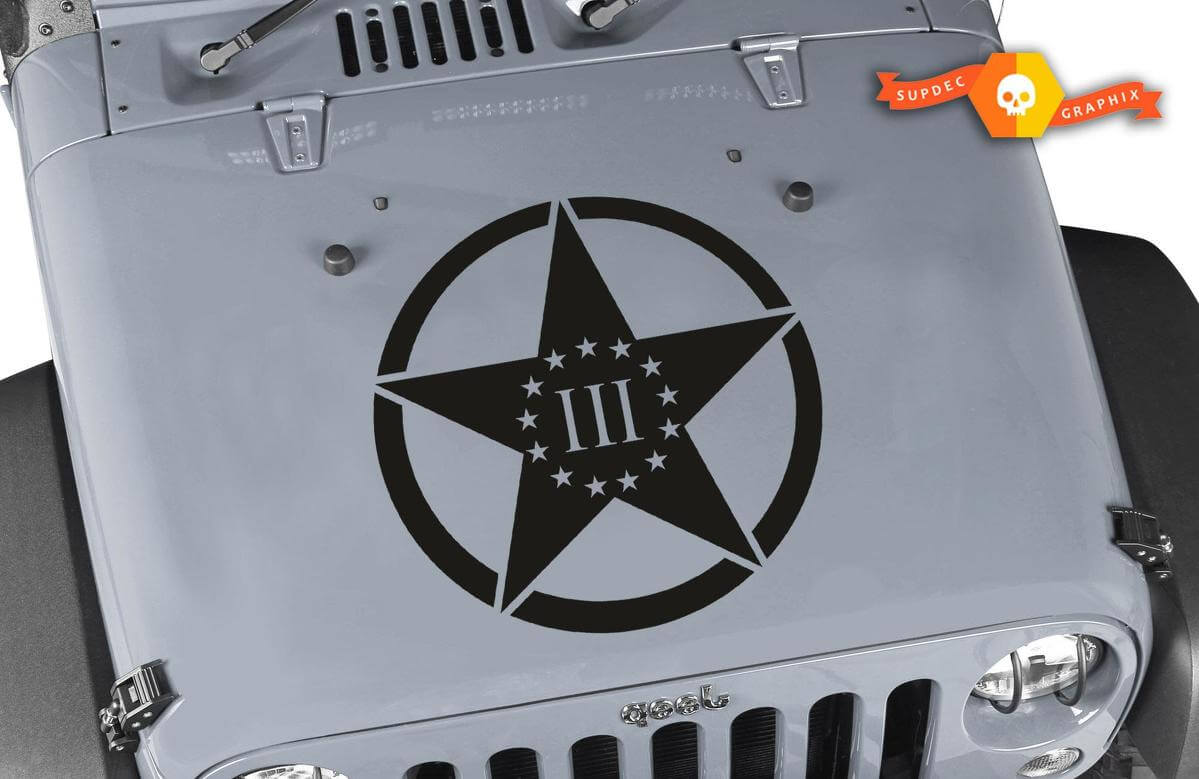 3 Percenters Military Star Motorhauben-Vinylaufkleber für Jeep Wrangler