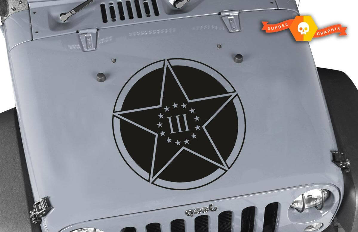 3 Percenters Military Star Blackout Hauben-Vinylaufkleber für Jeep Wrangler