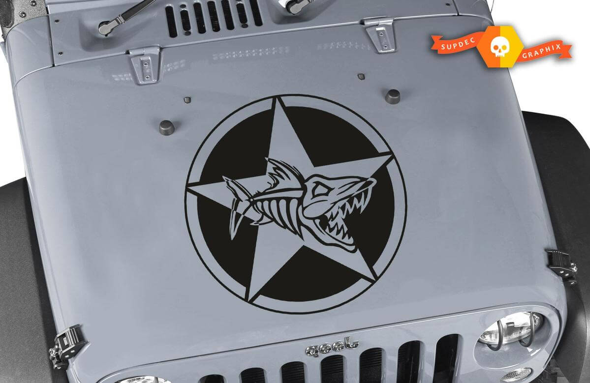 Oscar Mike Fish Skeleton Militärstern Motorhaubenaufkleber für Jeep Wrangler