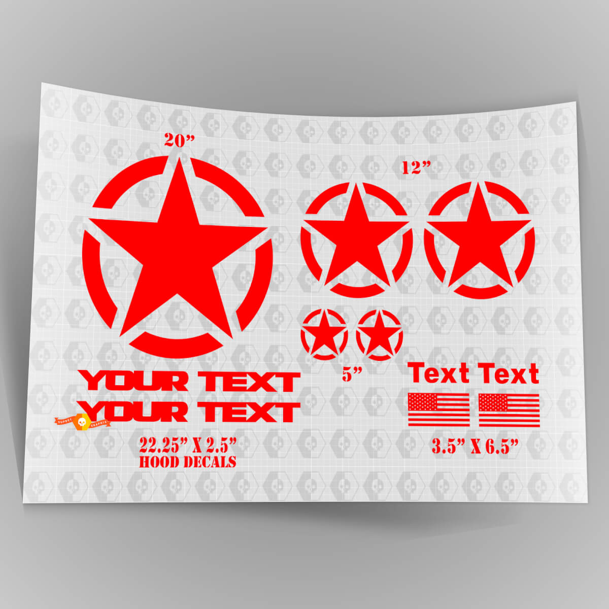 Militärstern-Aufkleberset im Jeep Wrangler-Oscar-Mike-Stil + Aufkleber für die Motorhaube
