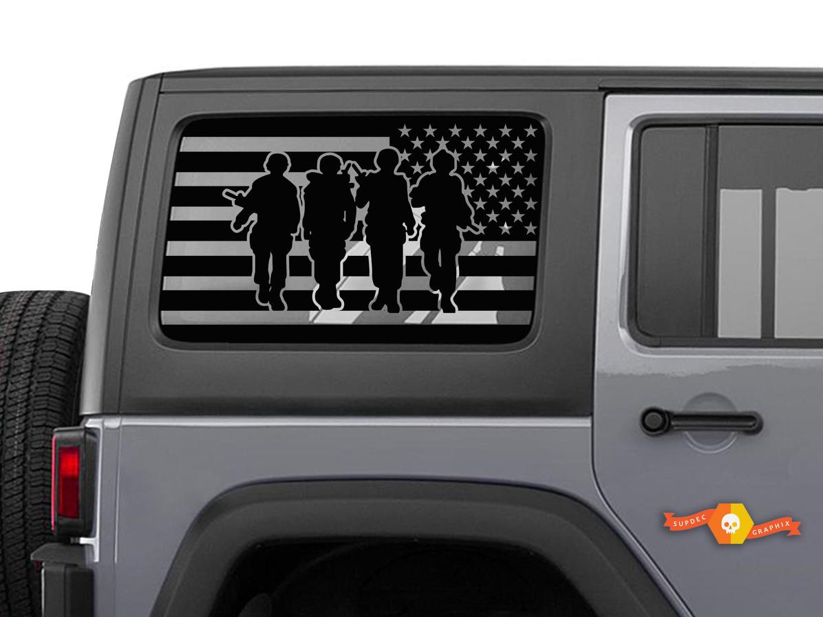 4 Soldiers USA Flag Windschutzscheiben Vinyl-Aufkleber für Jeep Wrangler