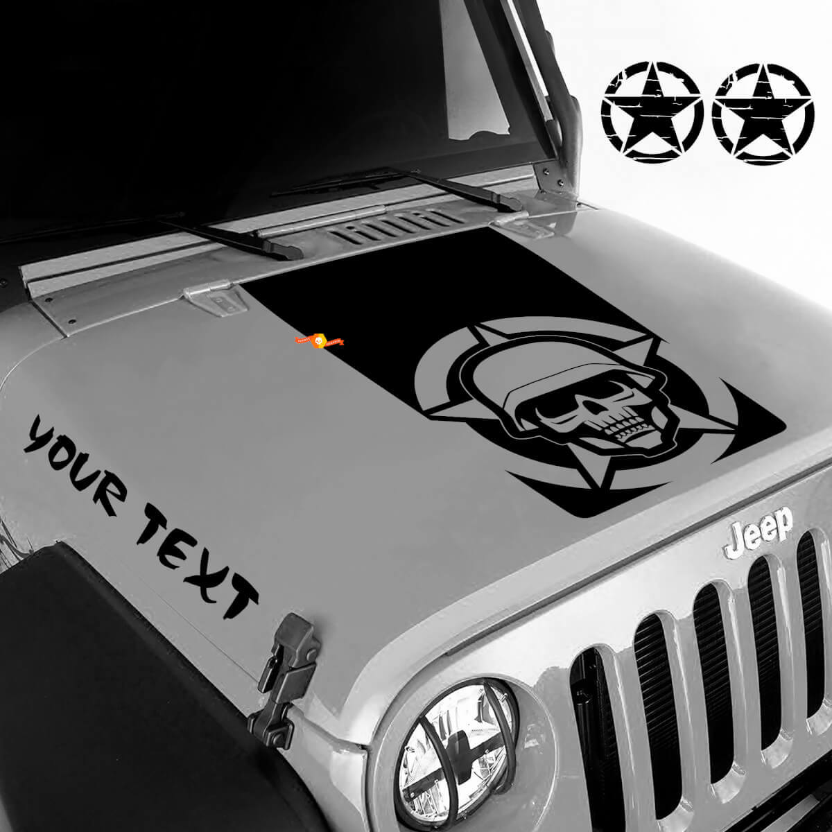 Militärischer Schädel und individuelles Schriftzug-Motorhauben-Vinylaufkleber-Set für Jeep Wrangler