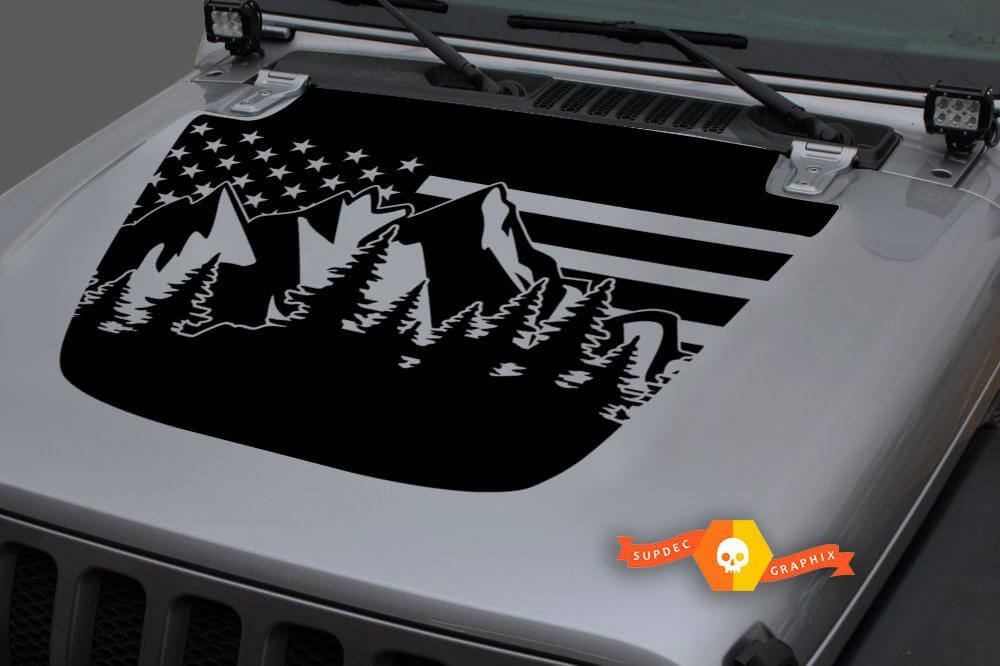 Wald Berge USA Flagge Blackout Haube Vinylaufkleber Sticker 2 für Jeep Wrangler JL