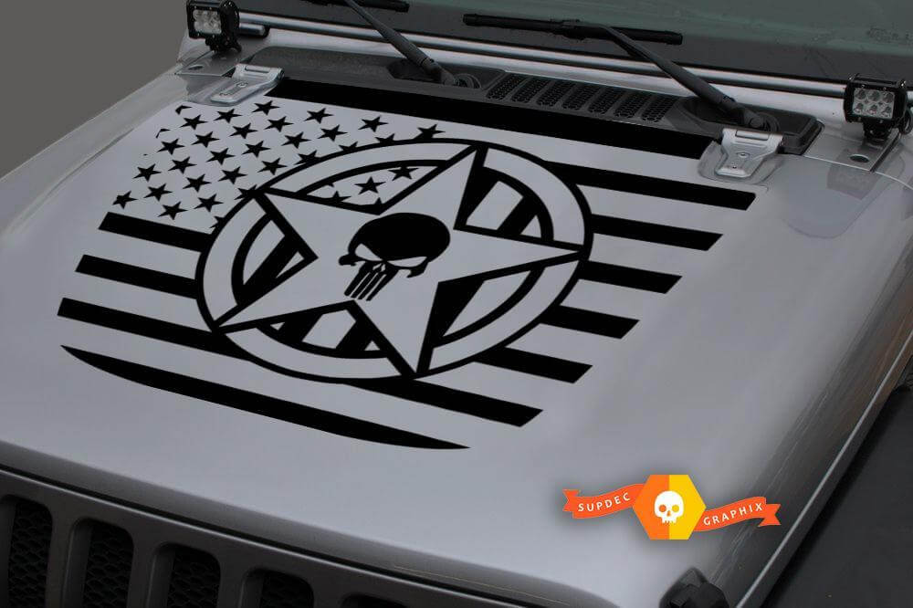 USA Flag Militär Stern Punisher Blackout Motorhaube Vinyl Aufkleber Sticker 2 für Jeep Wrangler JL