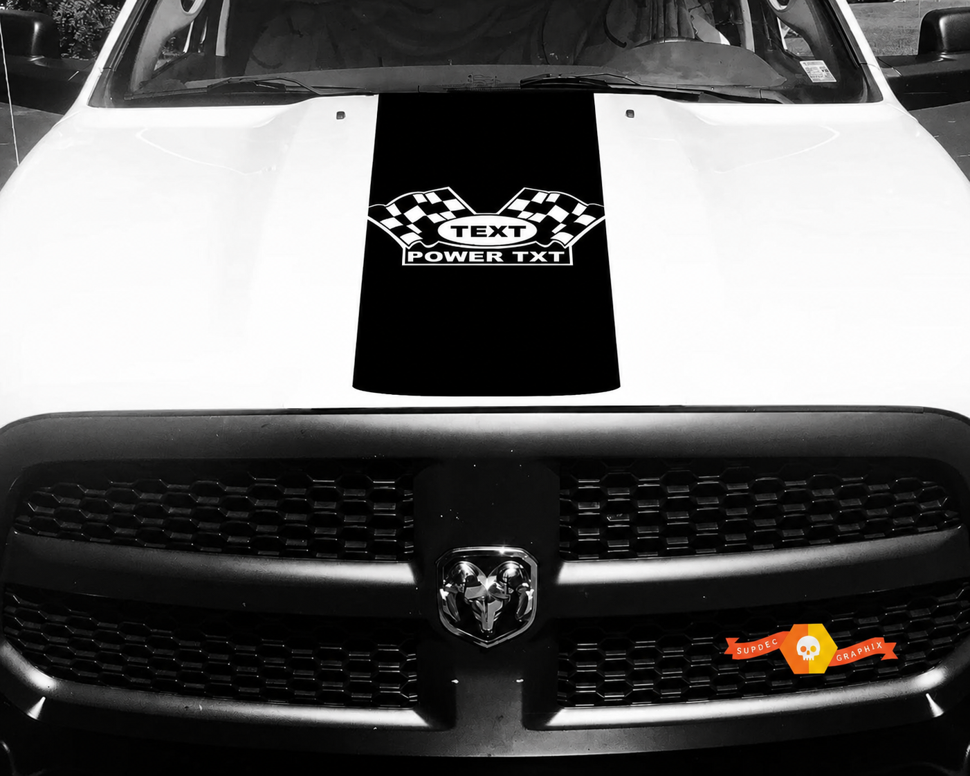 TEXT POWER TXT Checkered Flags Rounded Panel Motorhaube Vinylaufkleber für Dodge Ram 1500