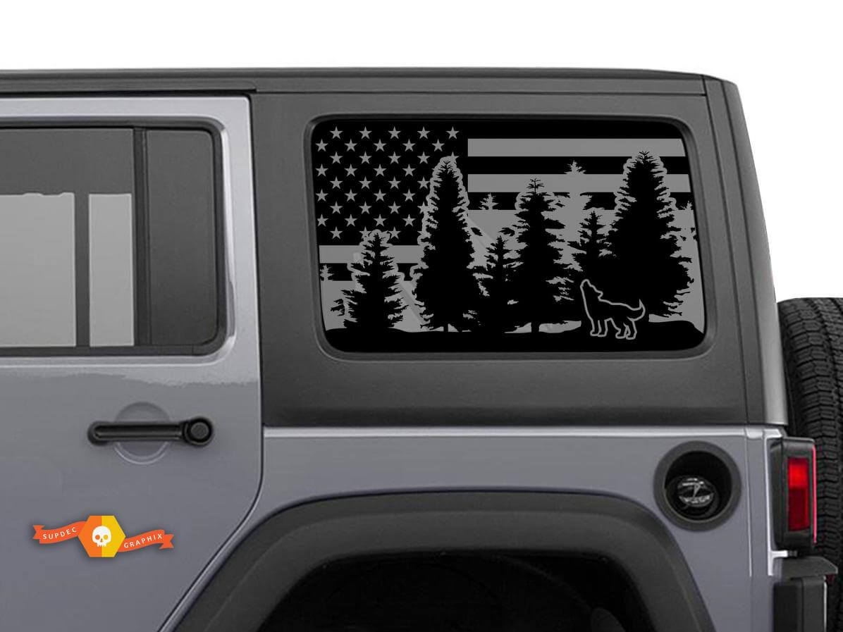 USA-Flagge Wolf Wald Seitenfenster Vinyl-Aufkleber-Set für Jeep Wrangler Hardtop