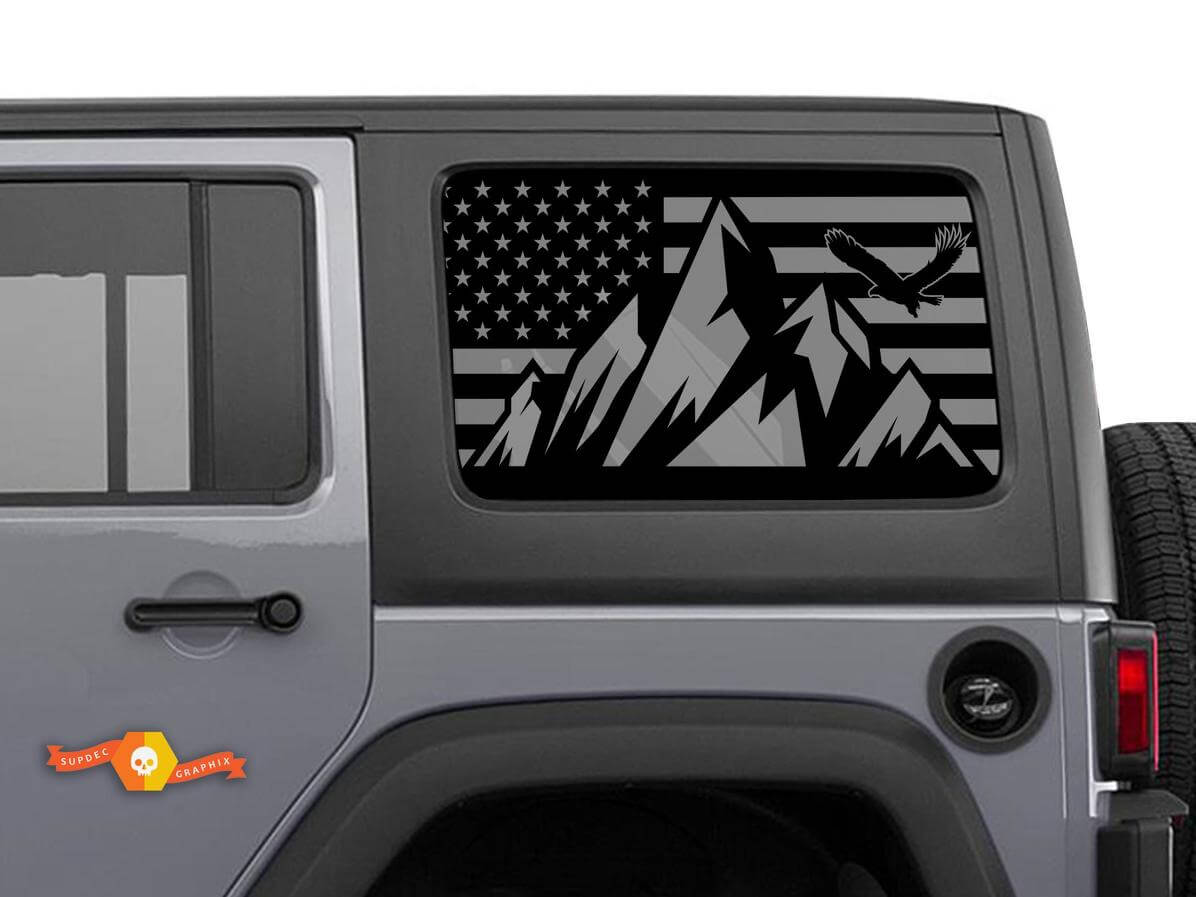 USA-Flagge Berge Heckseitenfenster Vinyl-Aufkleber-Set für Jeep Wrangler Hardtop