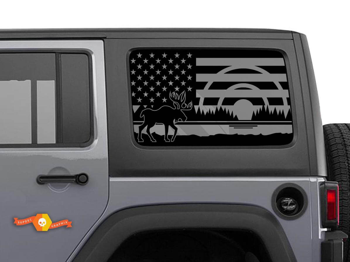 USA-Flagge Elch Wald Seitenfenster Vinyl-Aufkleber Paar für Jeep Wrangler Hardtop