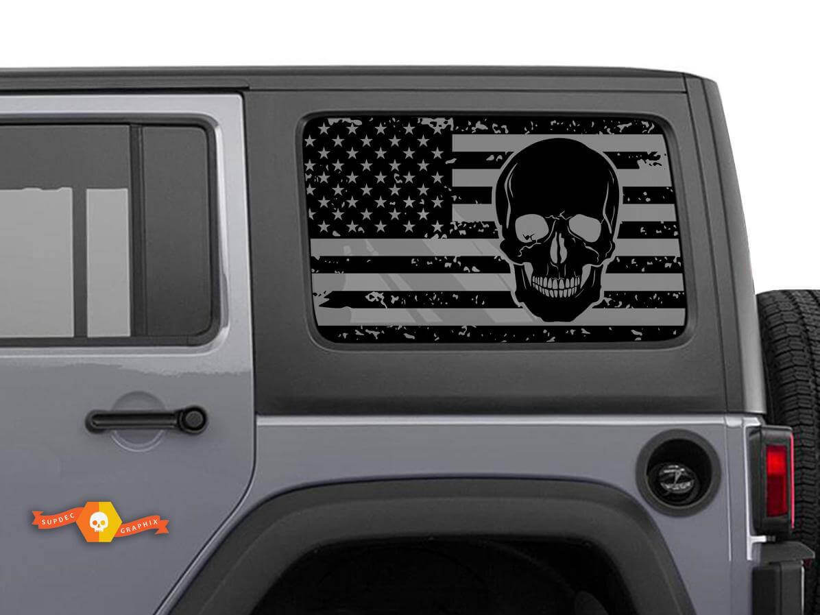 Versetztes USA-Flaggen-Schädel Seitenfenster Vinyl-Aufkleber-Paar für Jeep Wrangler Hardtop