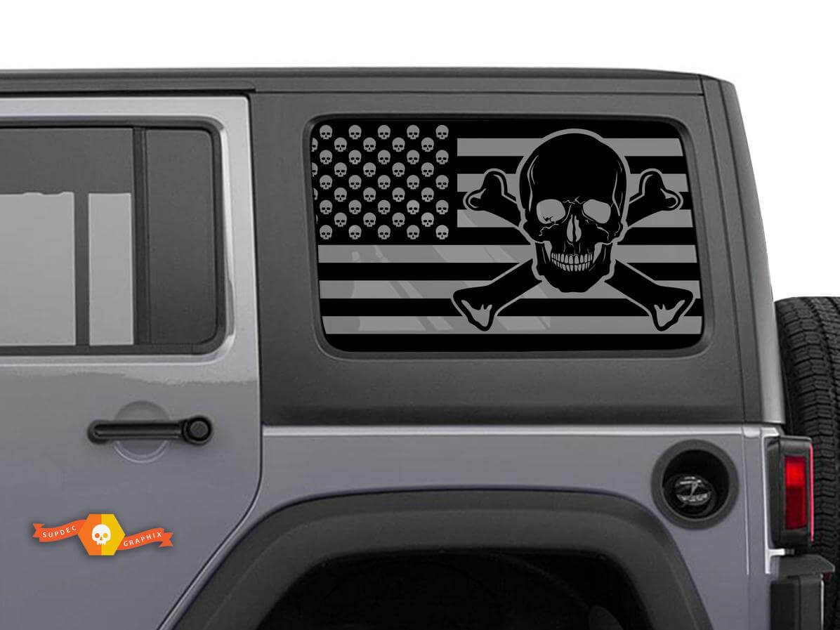 USA Flag Schädel und Knochen Windschutzscheiben-Aufkleber Dekor für Jeep Wrangler Rubicon Hardtop JKU JLU 2007-2019 oder Tacoma 4Runner Tundra Charger Challenger