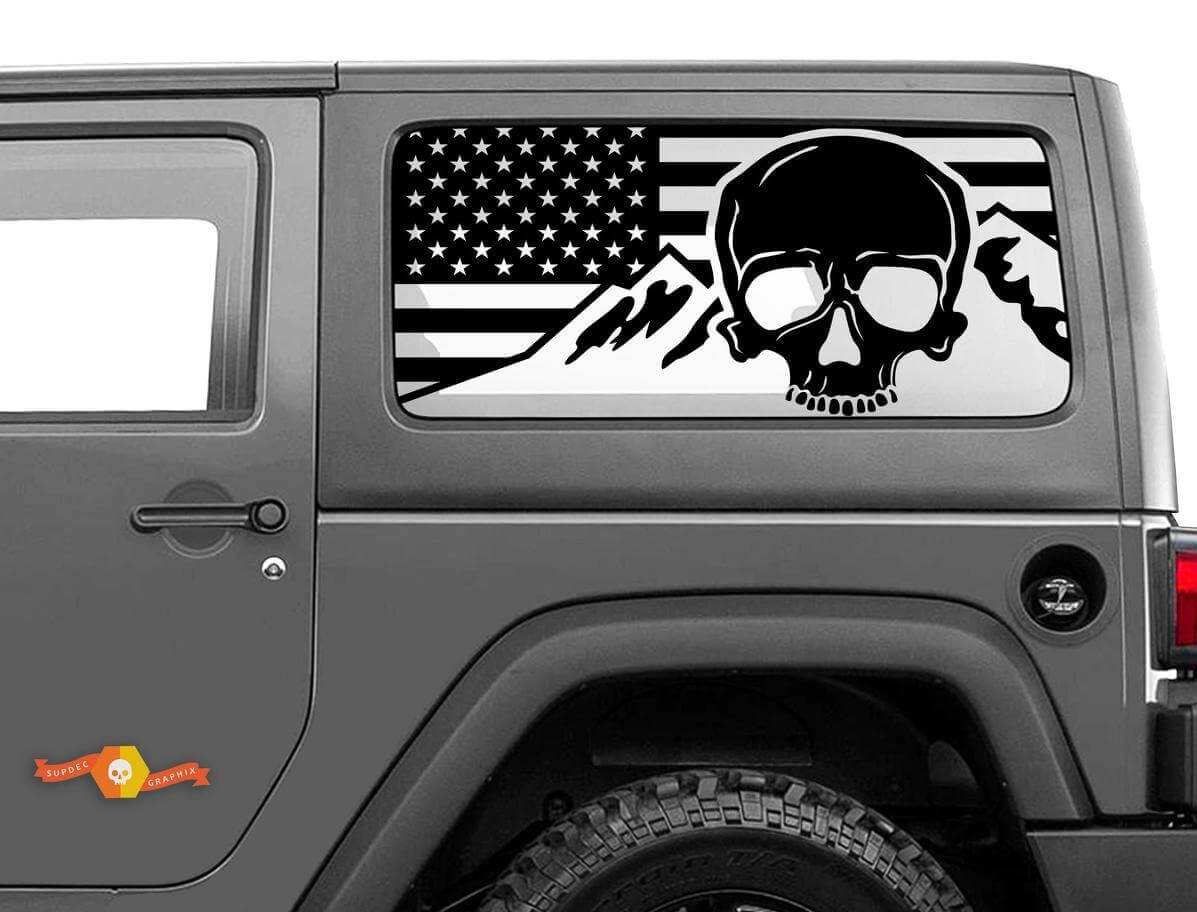 USA Flag Schädel Berge Heckseitenfenster Vinyl Aufkleber Set für Jeep Wrangler